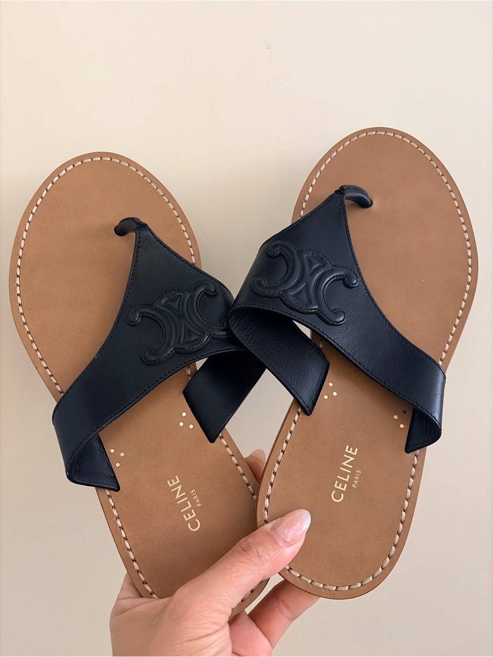 Celine Black Leather Logo Toe-Loop Sandals with Tan Footbed